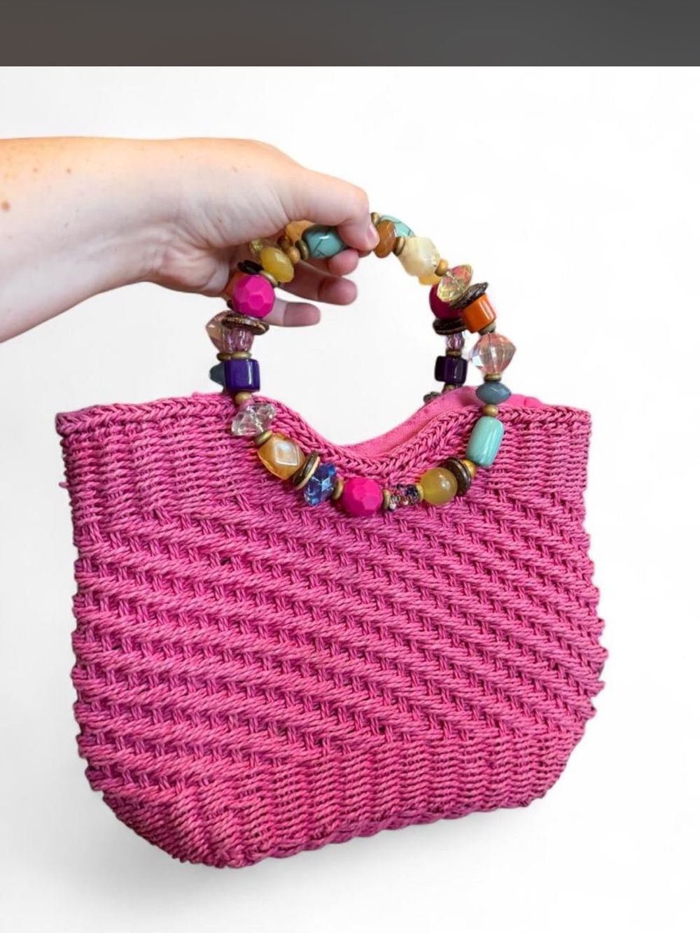 Pink Straw Tote with Beaded Handles